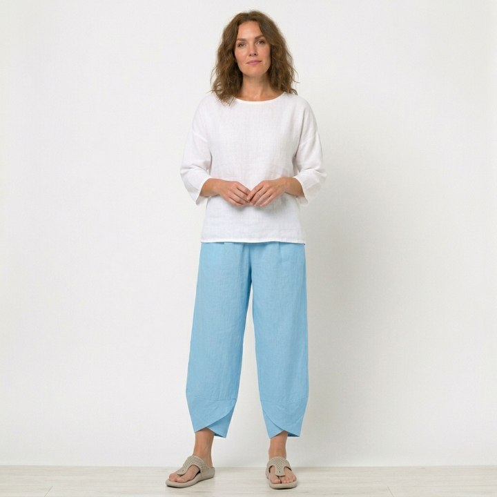 Casual yet chic women's high-waisted pants with a unique tulip hem, ideal for warm weather.