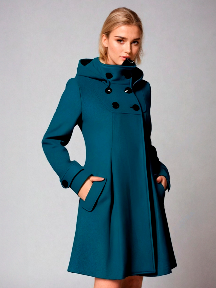 Versatile women's long coat with elegant funnel neck. Double-breasted A-line design for chic fall and winter fashion.