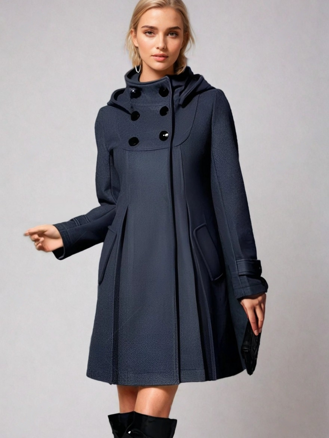 Women's elegant long funnel-neck coat. Chic double-breasted A-line design, versatile outerwear for fall & winter fashion.