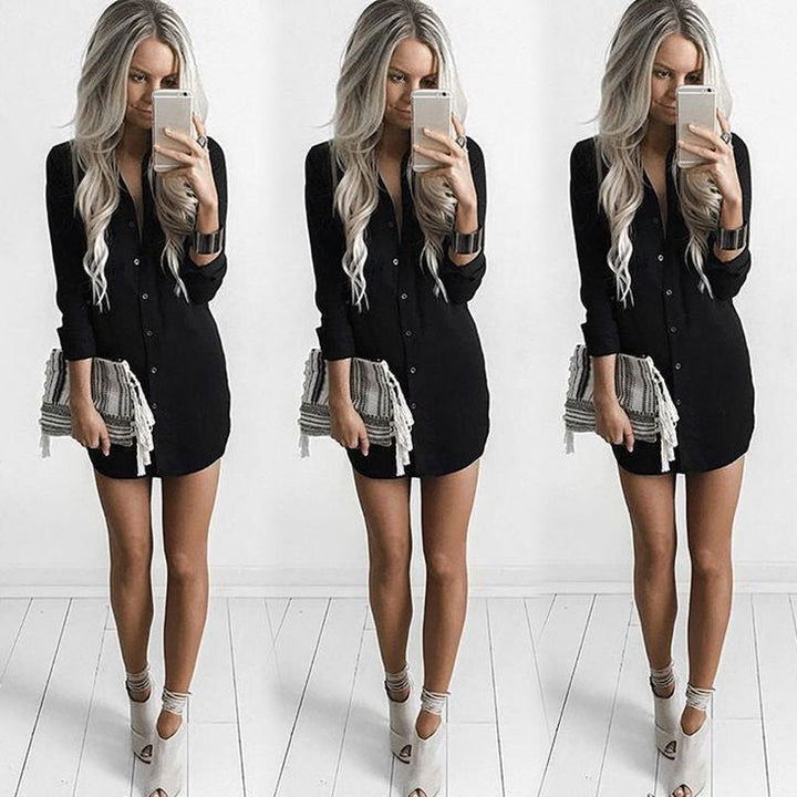 Versatile women's casual button-down shirt dress with elegant side slits, midi length, comfortable for spring & summer.