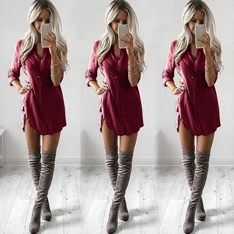 Elegant women's button-down midi shirt dress with stylish side slits, collared design, perfect for spring/summer fashion.