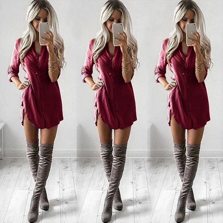 Elegant women's button-down midi shirt dress with stylish side slits, collared design, perfect for spring/summer fashion.