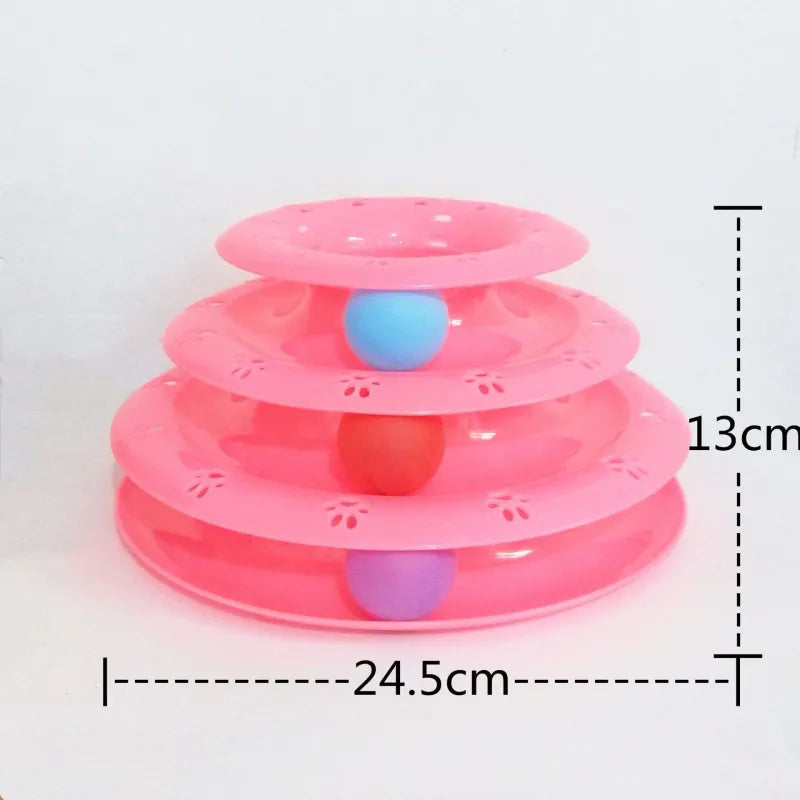Multi-level interactive cat play pyramid puzzle toy with rolling balls for stimulating feline enrichment.