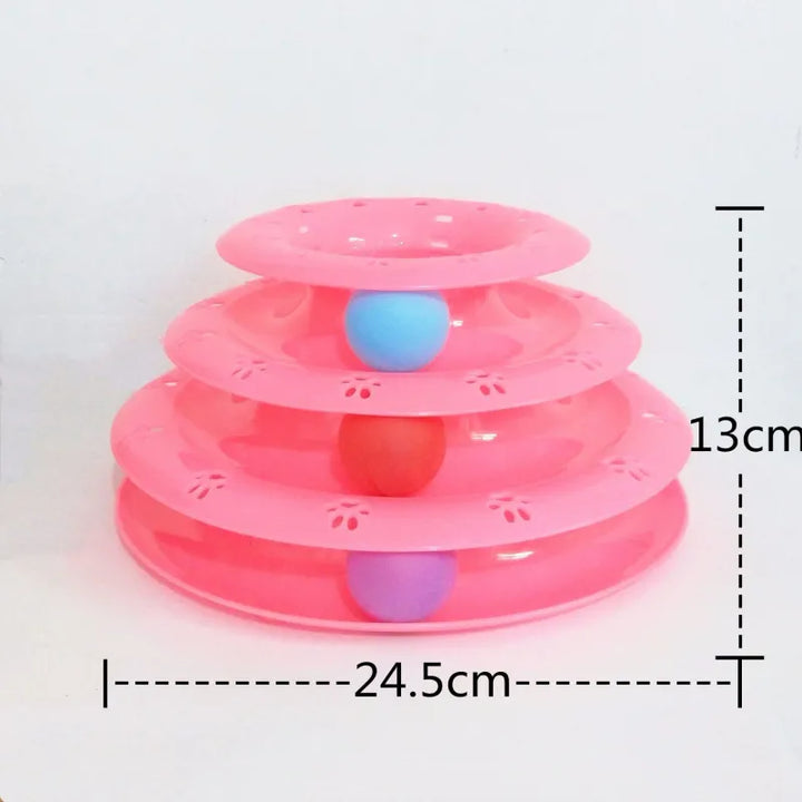 Multi-level interactive cat play pyramid puzzle toy with rolling balls for stimulating feline enrichment.
