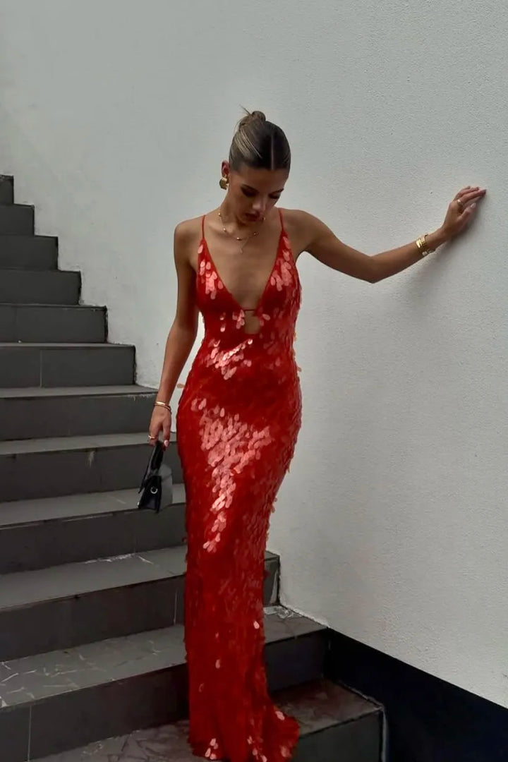 Red dazzling sequin maxi dress for women, perfect for special events & formal occasions.