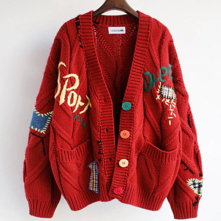 Stylish women's long sleeve embroidered cardigan, featuring a button-down front. Unique design for comfortable layering.