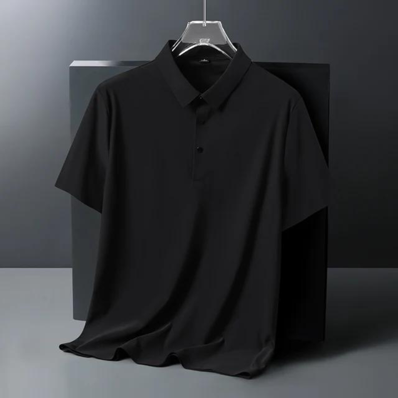 Black men's classic polo shirt, a sophisticated short sleeve top for versatile elegant outfits.