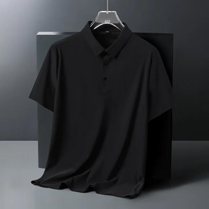 Black men's classic polo shirt, a sophisticated short sleeve top for versatile elegant outfits.