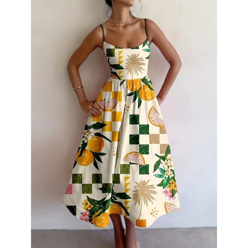 Elegant women's tropical citrus palm print midi dress, perfect for summer vacations, parties, or beach day wear.