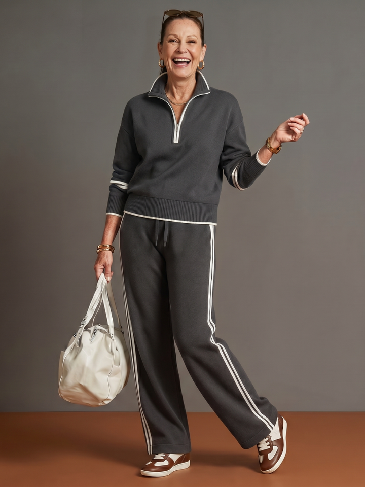 Sophisticated women's wide leg pants & zip neck top set, great for versatile styling.
