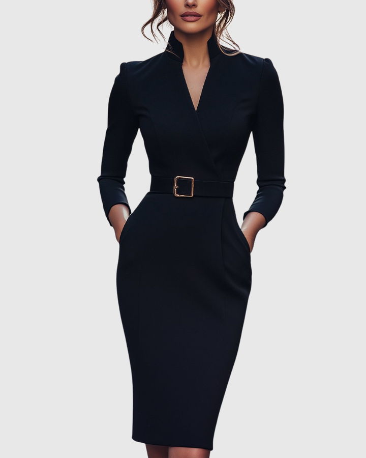 Sophisticated women's midi dress featuring a mock wrap design and stylish belt for versatility.