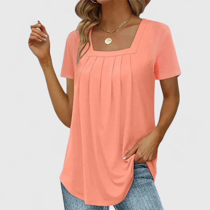 Breathable women's summer top, square neck, short sleeve & relaxed fit. Stylish & comfortable.