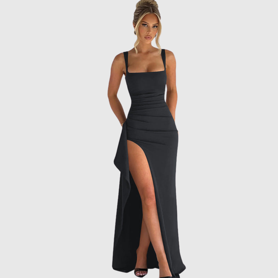 Floor-length black formal slip maxi dress for women. Chic open back evening gown.