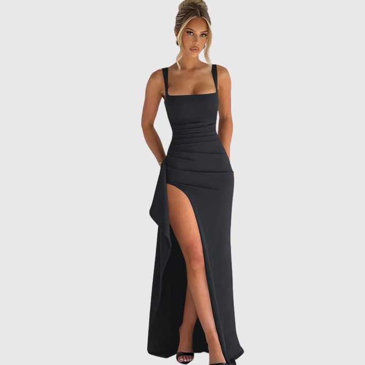 Floor-length black formal slip maxi dress for women. Chic open back evening gown.