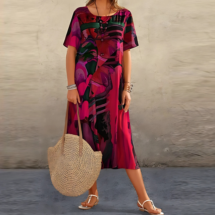 Women's abstract print midi dress, elegant & casual. Short sleeve, round neck summer dress, available in plus size.