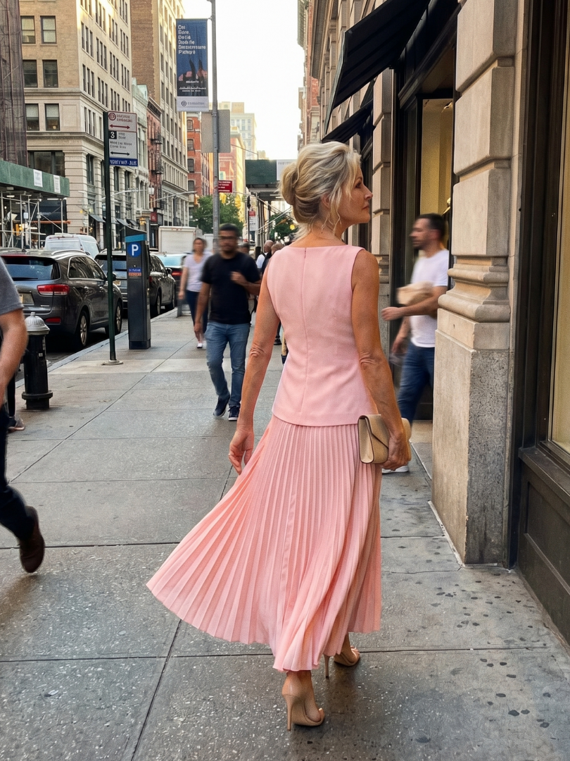 Women's summer style two-piece: a structured top and an elegant pleated skirt, a versatile fashion statement.