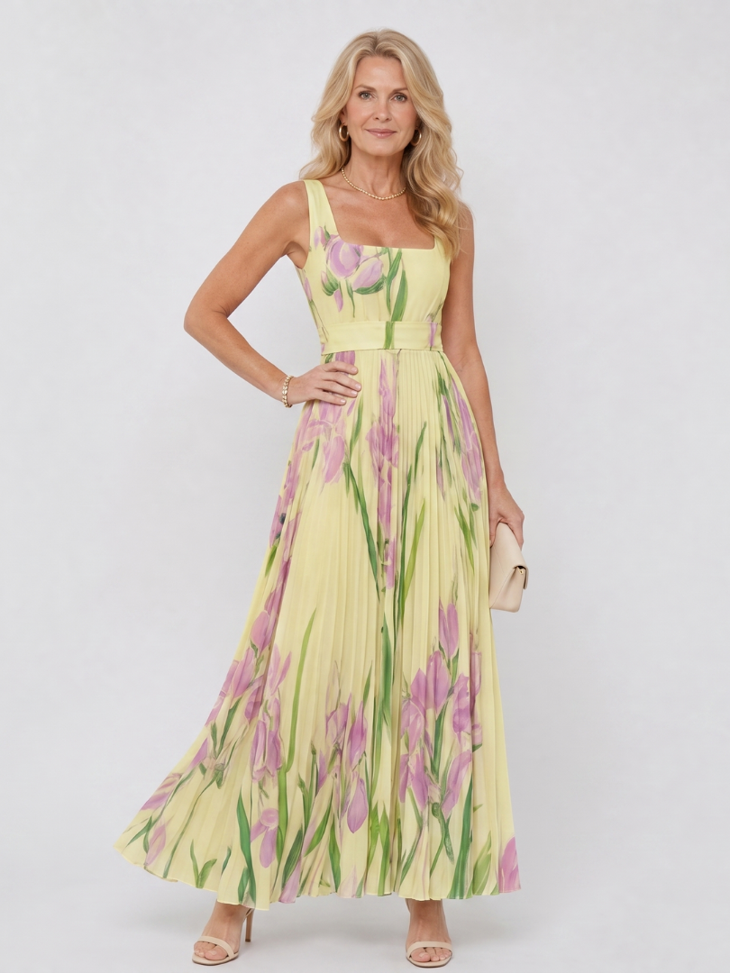 Comfortable and stylish women's sleeveless midi dress with square neck. Pleated, flowy for summer.