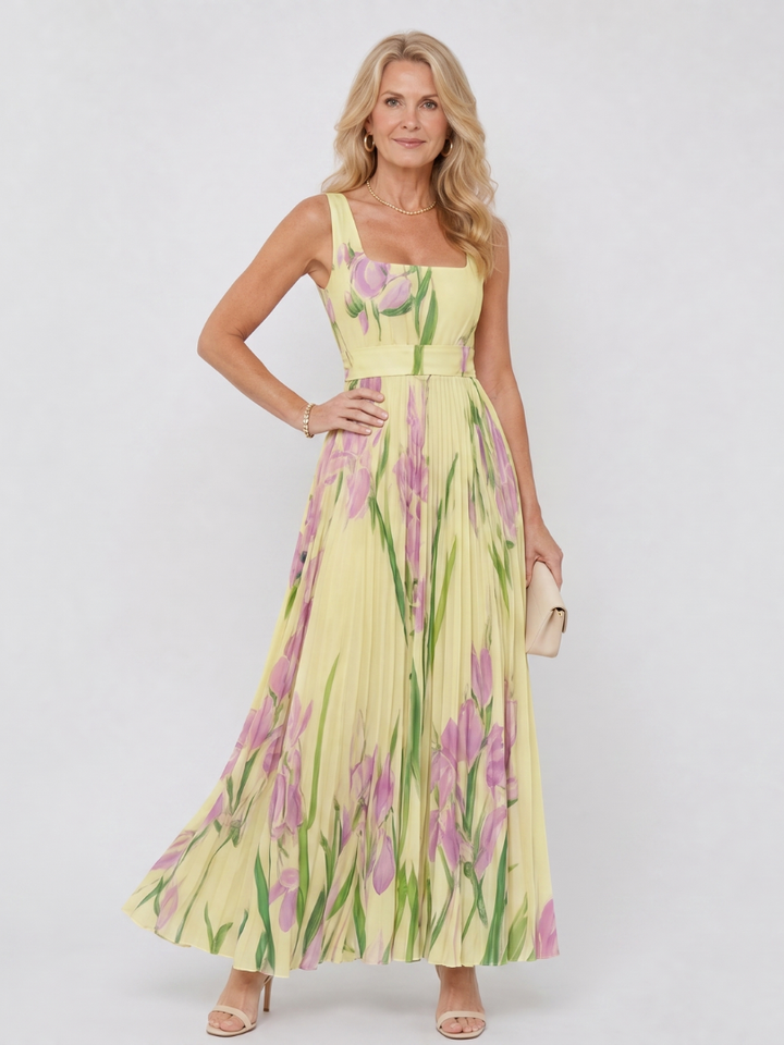 Comfortable and stylish women's sleeveless midi dress with square neck. Pleated, flowy for summer.