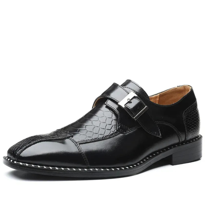 Distinctive men's double buckle monk strap shoes with premium crocodile embossed texture for formal looks.