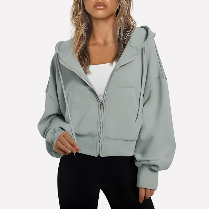 Women's comfortable cropped zip hoodie, relaxed fit for everyday layering.