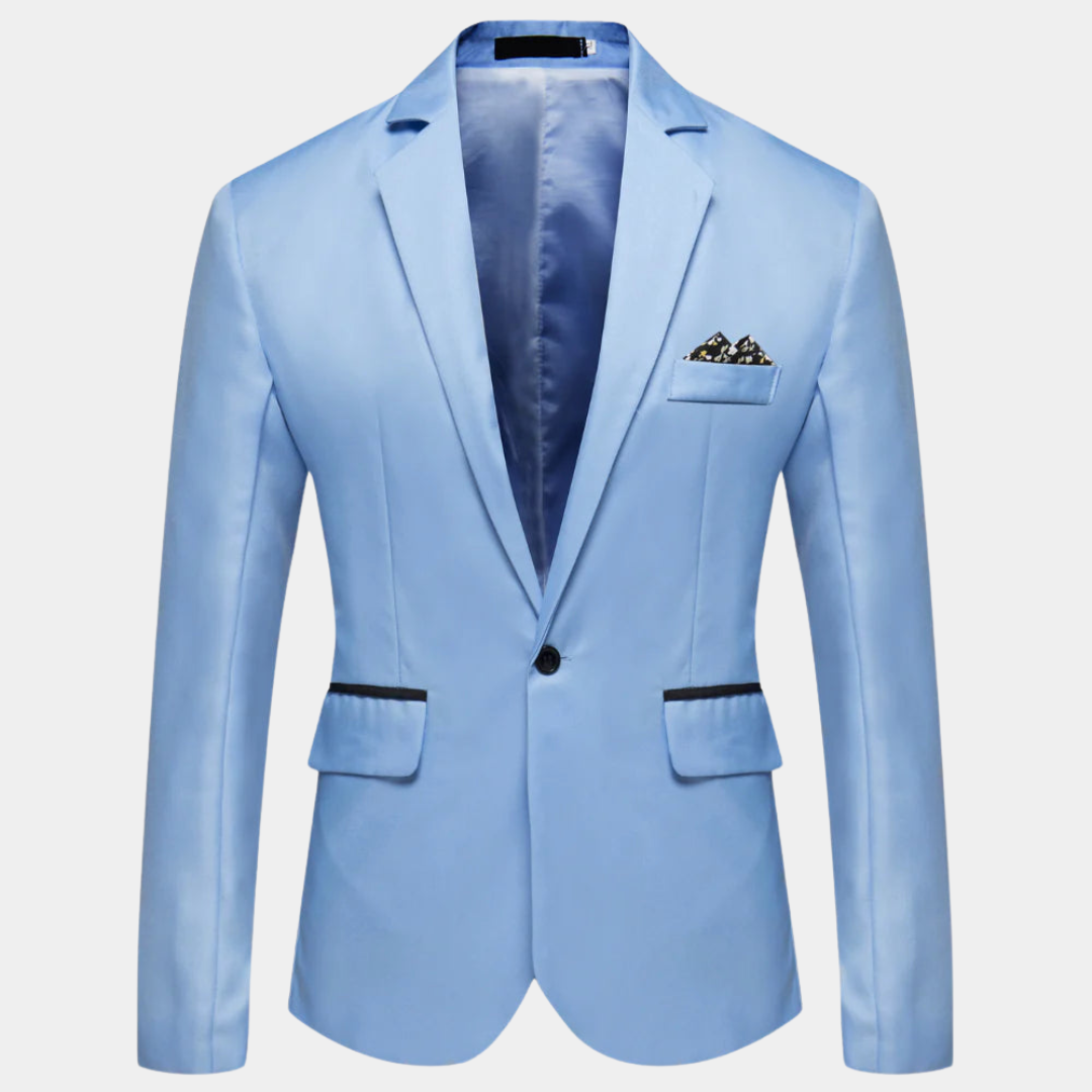 Close-up of a stylish men's slim fit blazer, highlighting modern design and quality for formal wear.