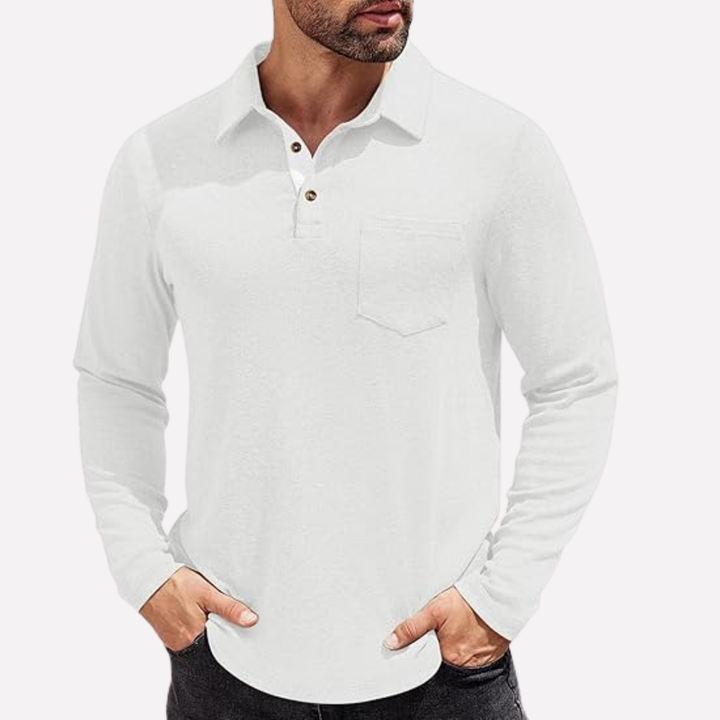 Men's smart casual long sleeve collared polo shirt, relaxed fit, practical chest pocket.