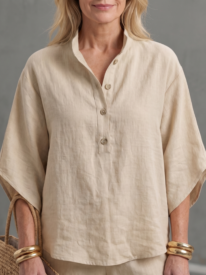 Comfortable women's button front tunic and relaxed trouser set, ideal for lounging.