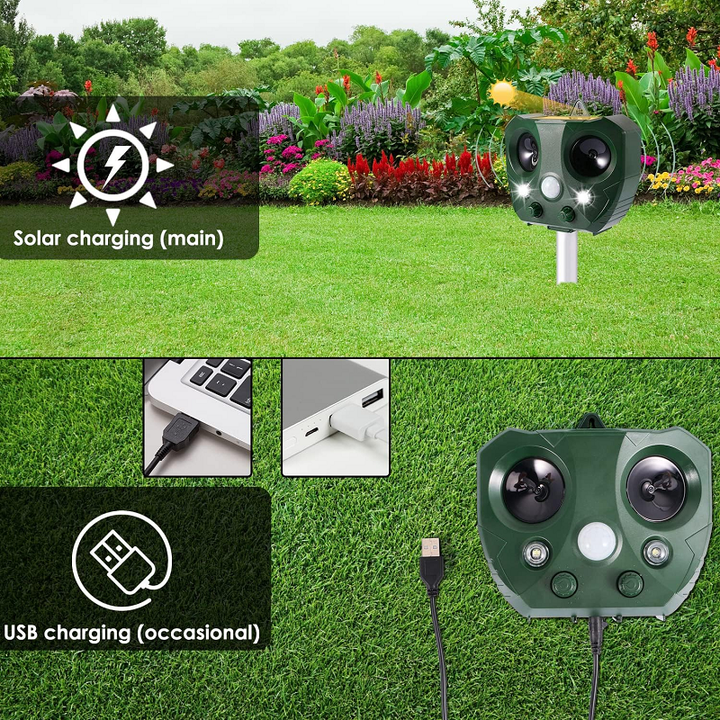 Advanced solar-powered ultrasonic bird repeller, wireless & weatherproof for effective garden pest control.
