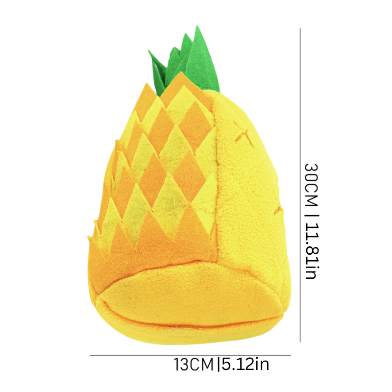 Interactive pineapple dog toy for pet enrichment; a treat dispenser puzzle for healthy mental stimulation & canine activity.