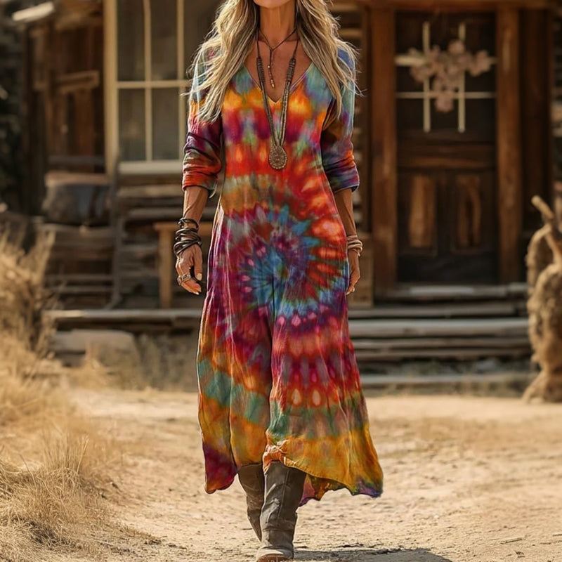Multicolour tie-dye long sleeve women's casual dress with a vintage feel & relaxed fit for summer comfort.