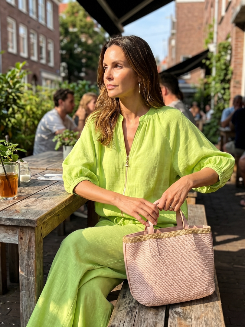 Comfortable women's everyday wear set: zip front blouson top & flowy wide leg pants. Relaxed fit.