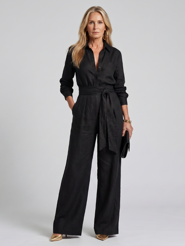 Effortless long sleeve wide leg jumpsuit for women, an elegant and comfortable one piece.