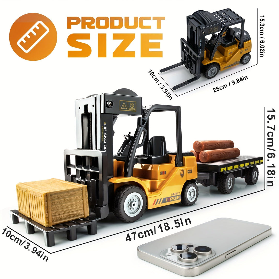 Heavy-duty remote control forklift toy for kids, featuring realistic lights & detachable trailer.