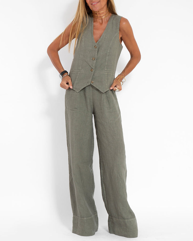 Spring/summer essential: Women's elegant wide leg pants & vest matching set for modern women.