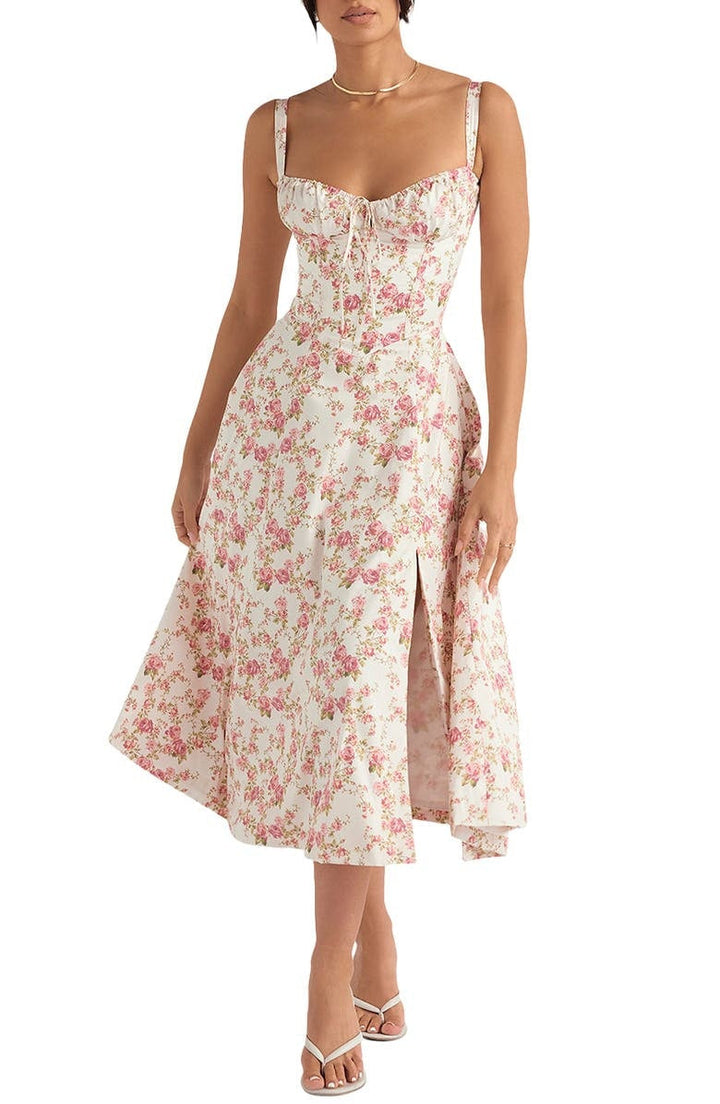 Women's elegant spring midi dress, featuring a vibrant floral print design. Casual or party wear.