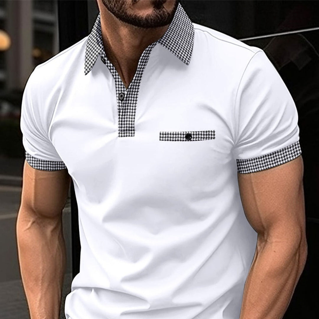 Classic men's button-down polo shirt, breathable short sleeve for smart casual style.