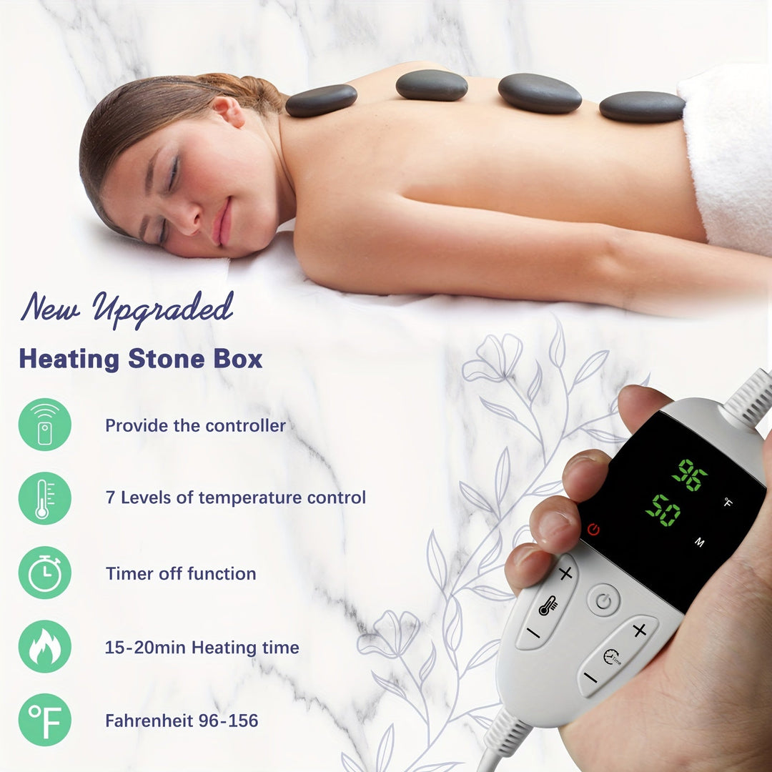 Home therapy hot stone massage set with electric heater, providing soothing warmth for muscle tension.
