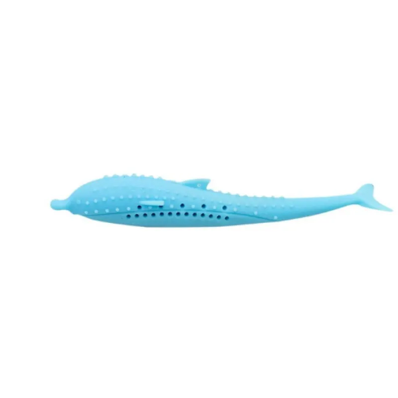 Durable blue silicone whale-shaped chew toy for cats & small dogs. Safe pet dental care for all ages.