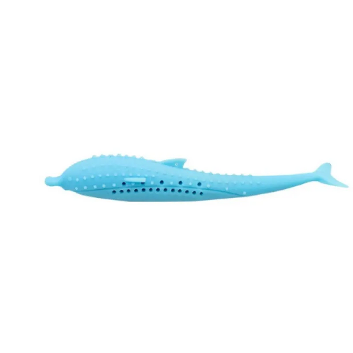 Durable blue silicone whale-shaped chew toy for cats & small dogs. Safe pet dental care for all ages.