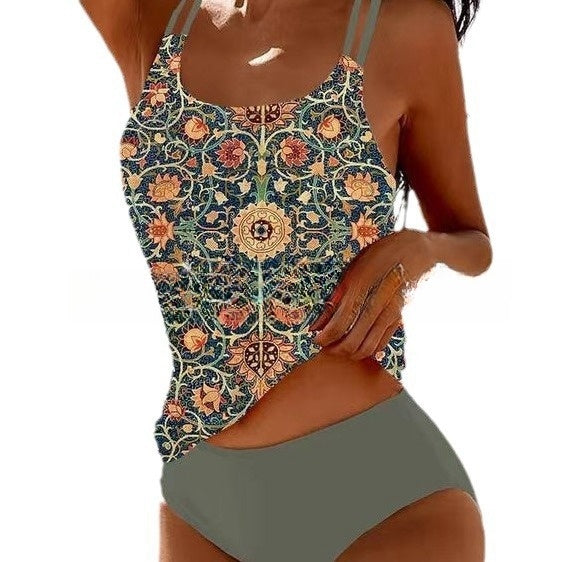 Comfortable women's tankini swimsuit featuring a stylish print, great for summer vacation & beachwear.