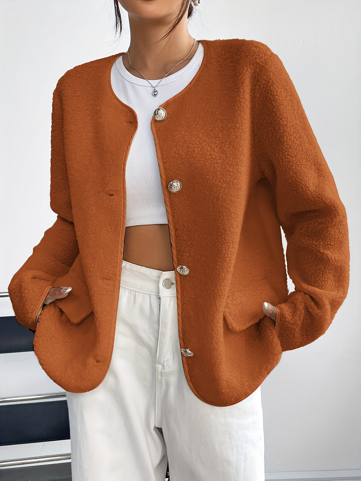 Elegant women's button-front jacket, timeless style, soft touch. Perfect for autumn & winter outerwear.