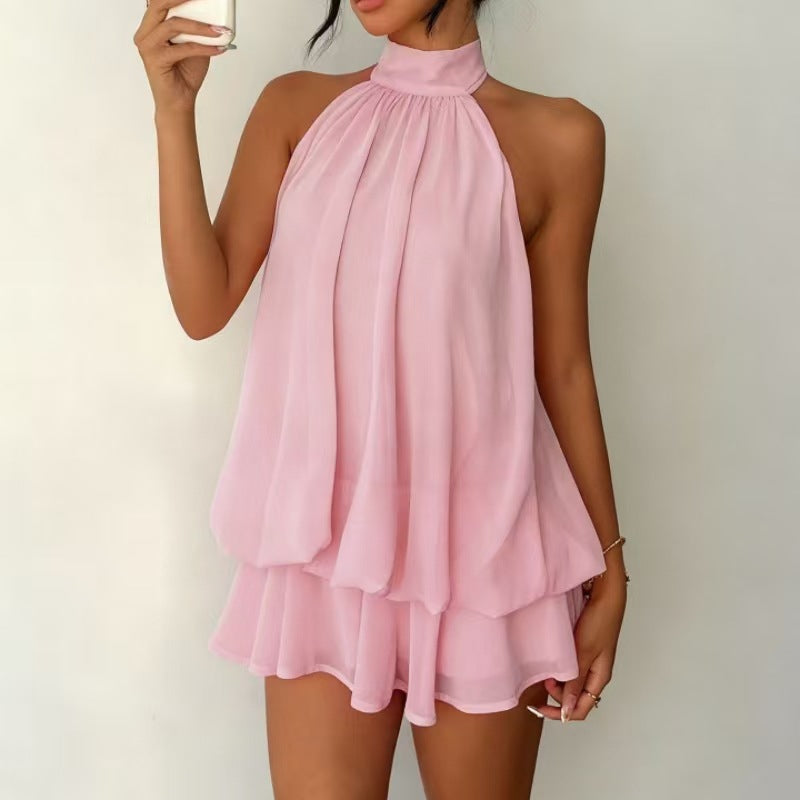 Beautiful women's halter neck tiered ruffle mini dress, showcasing a vibrant summer style.