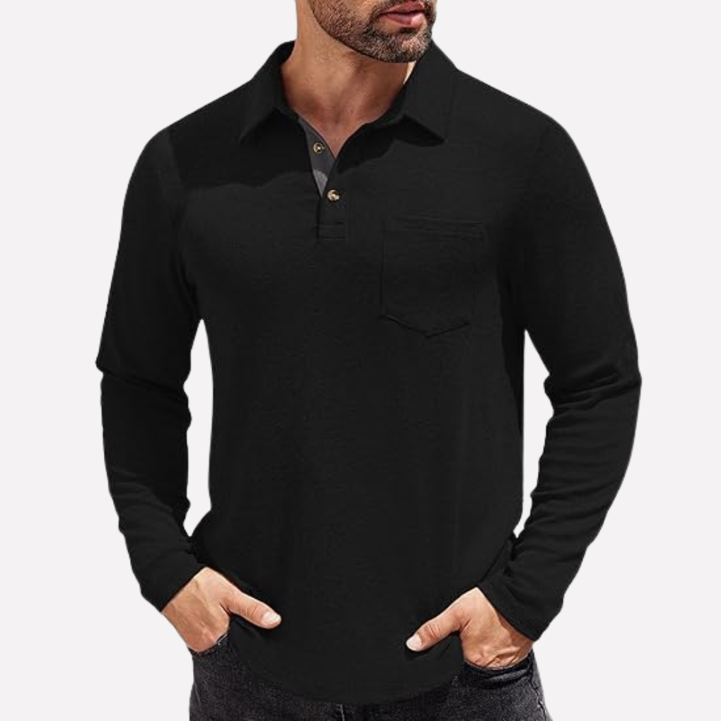 Smart casual men's long sleeve polo shirt, relaxed fit, with a distinctive chest pocket.