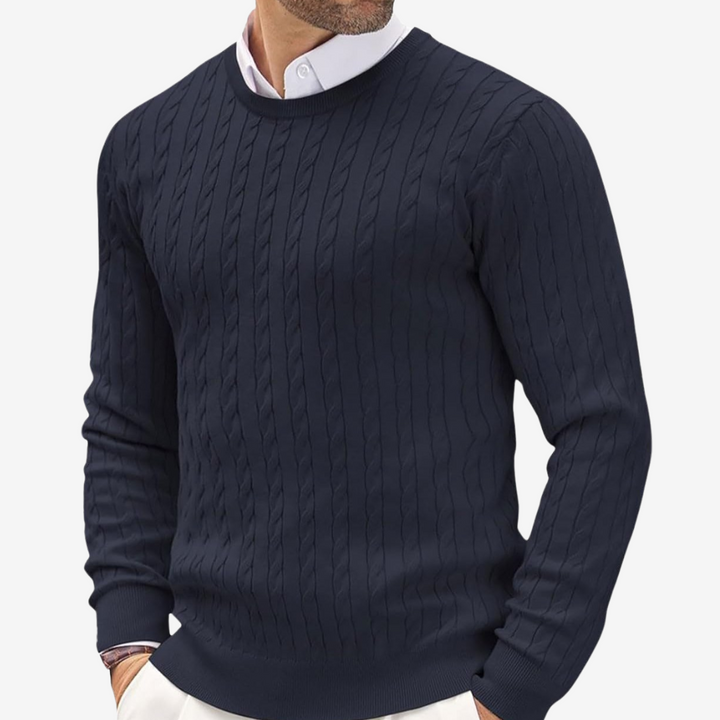 Men's classic cable knit crew neck sweater. Stylish, warm knitwear for autumn & winter.