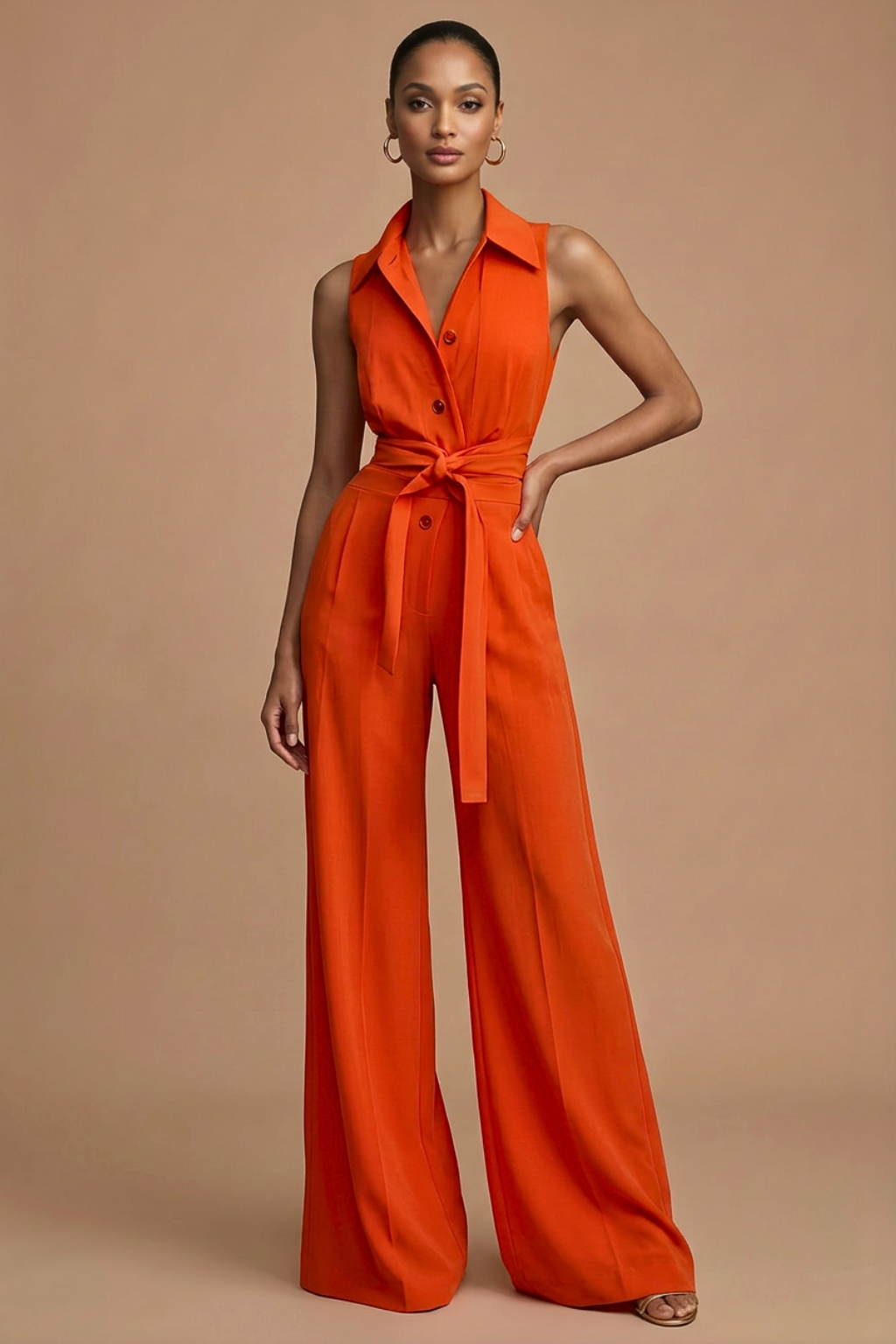 Elegant women's sleeveless wide leg jumpsuit with collar neck, button front, and waist tie for stylish occasion wear.