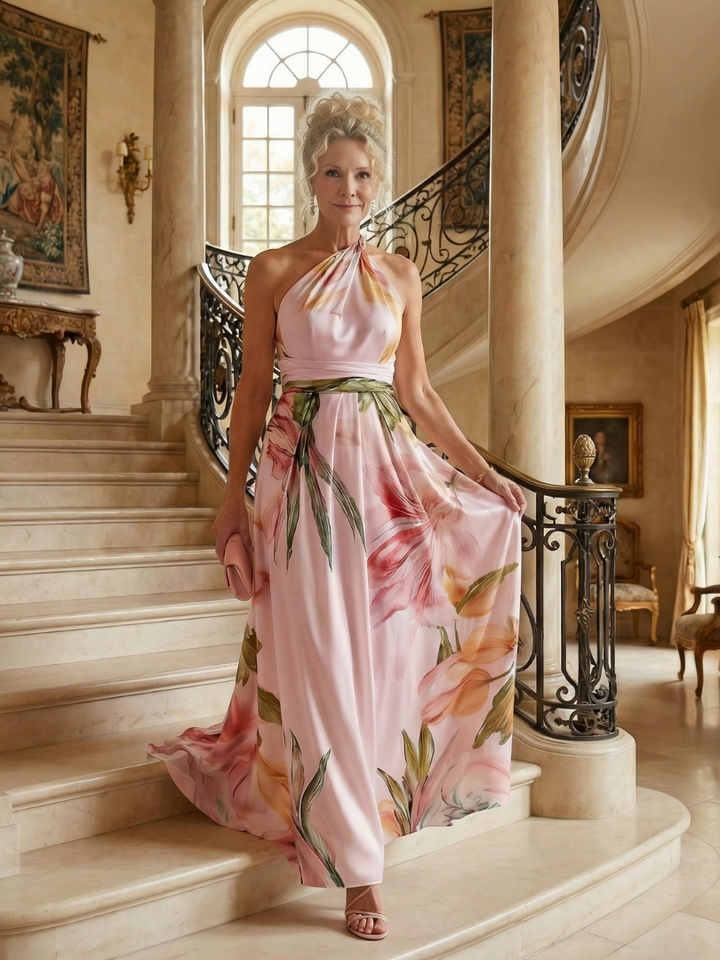 Sophisticated floral halter maxi dress for women. Sleeveless, perfect for vacation, and ultimate summer comfort.