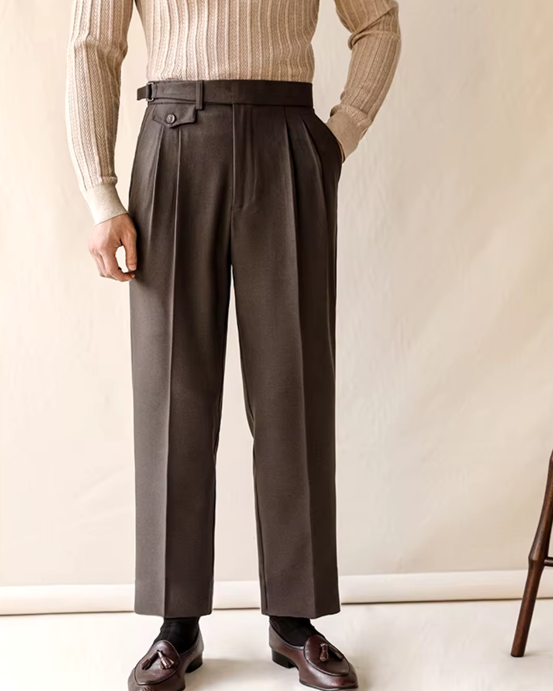 Brown men's pleated dress pants, straight fit, adjustable waist. Perfect for fall/winter smart casual fashion.