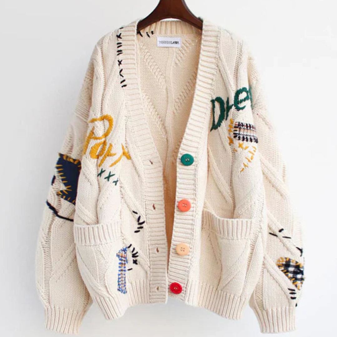 Women's button-down long sleeve cardigan with intricate embroidery, perfect for stylish fall & winter layering.