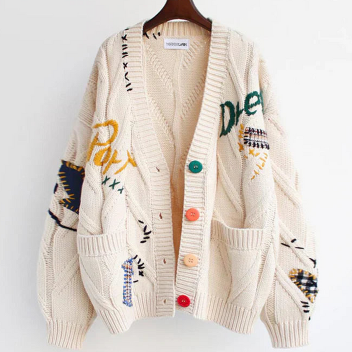 Women's button-down long sleeve cardigan with intricate embroidery, perfect for stylish fall & winter layering.
