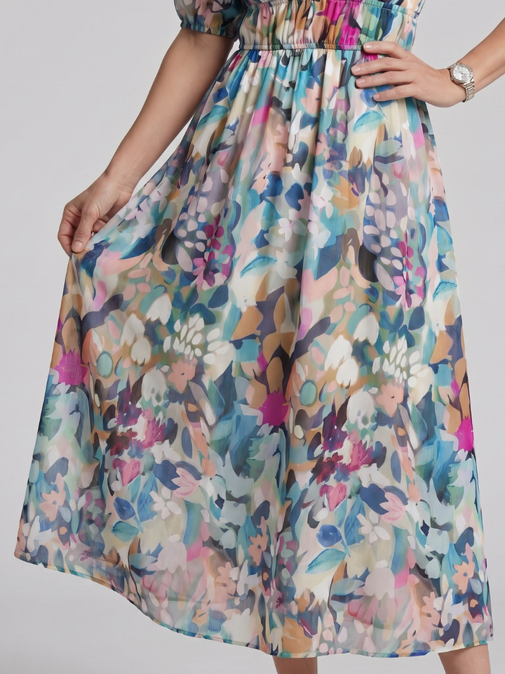 Versatile women's abstract print midi dress with puff sleeves & V-neck. A must-have for spring & summer fashion.